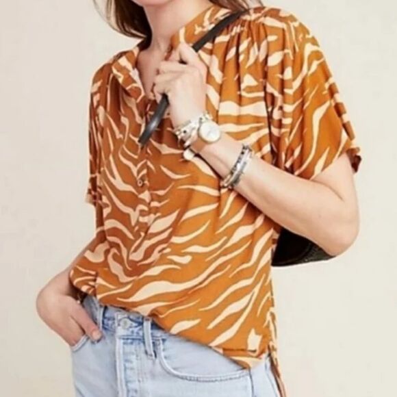 MAEVE Anthropologie Zebra Print Brown Top size medium cedar Windham tunic top - Picture 1 of 6